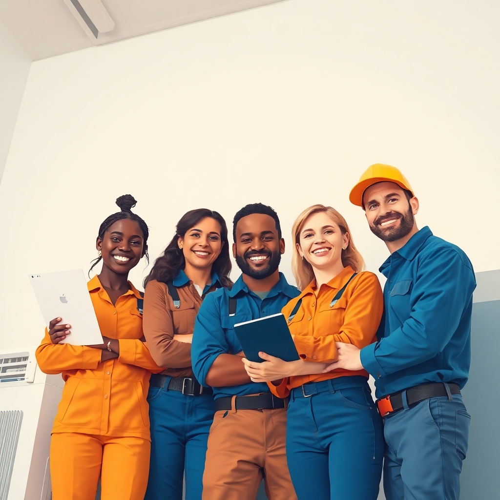 A stylized image showcasing a team of friendly, diverse AC repair technicians working collaboratively.  The style should be slightly illustrative, conveying competence and teamwork.  Lighting should be warm and inviting, with a color palette of blues and oranges suggesting reliability and energy.  The camera angle should be eye level, showing the team interacting positively.  Textures should be slightly muted to create a friendly, approachable visual. The background should feature a map of Cedar Park, TX, subtly incorporated.  The overall style should be clean, friendly, and professional, similar to a modern business brochure.  Technical specs: 4K resolution, high-quality.