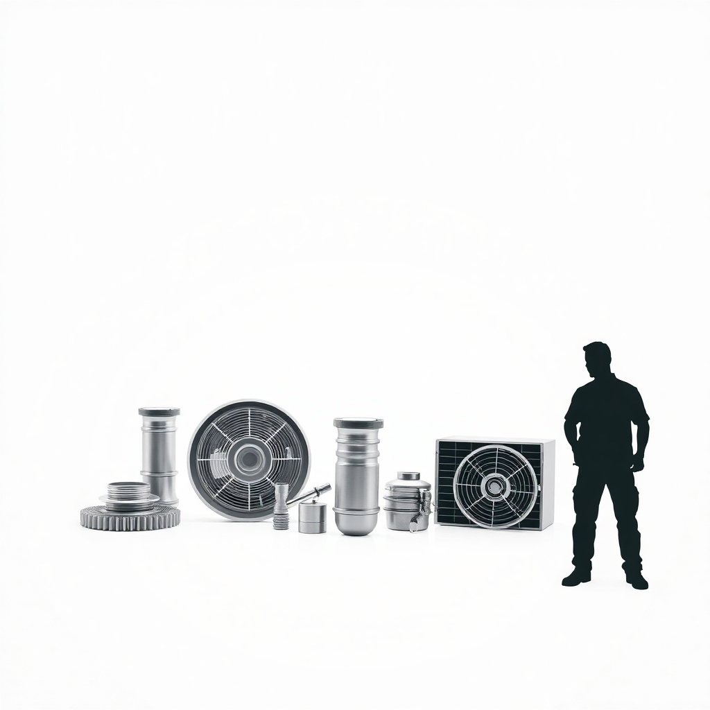 A stylized image showcasing a set of high-quality, gleaming AC parts against a clean background, along with a technician's silhouette.