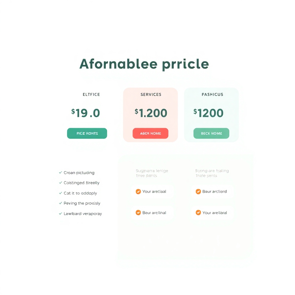 A stylized image showcasing affordable pricing options, such as a graphic with price ranges and service packages. Use a clean, professional design with a friendly and trustworthy vibe. Color palette: soothing and trustworthy. Resolution: 4K