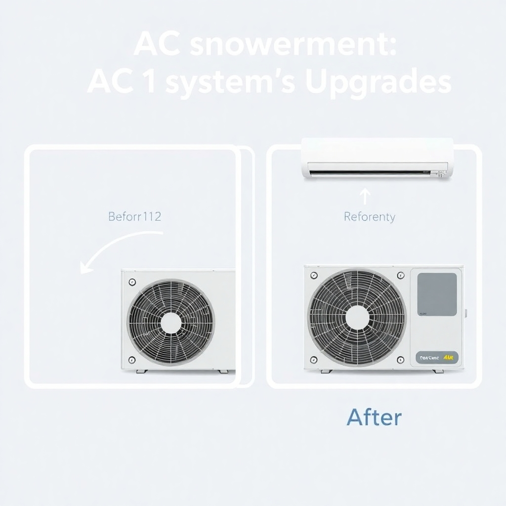 A stylized image showing a before and after comparison of an AC system upgrade, highlighting improvements in efficiency and performance. Use a clean, professional design. Color palette: cool tones. Resolution: 4K.