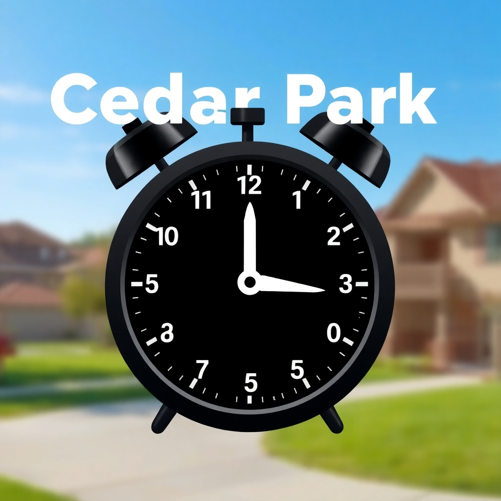 A stylized image showing a clock with an emphasis on speed and efficiency. The background is a blurred image of a Cedar Park neighborhood. The image should convey promptness and reliability. Style: Modern, efficient, and reliable. Technical specs: High resolution, stylized rendering.
