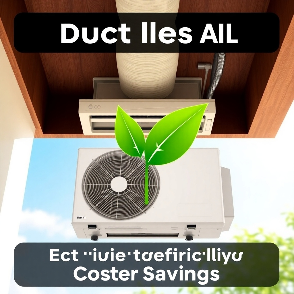 A stylized image showing a ductless AC unit with a green leaf symbol, representing energy efficiency. The background is a bright, sunny day. The image should convey eco-friendliness and cost savings. Style: Modern, eco-friendly, and cost-effective. Technical specs: High resolution, stylized rendering.