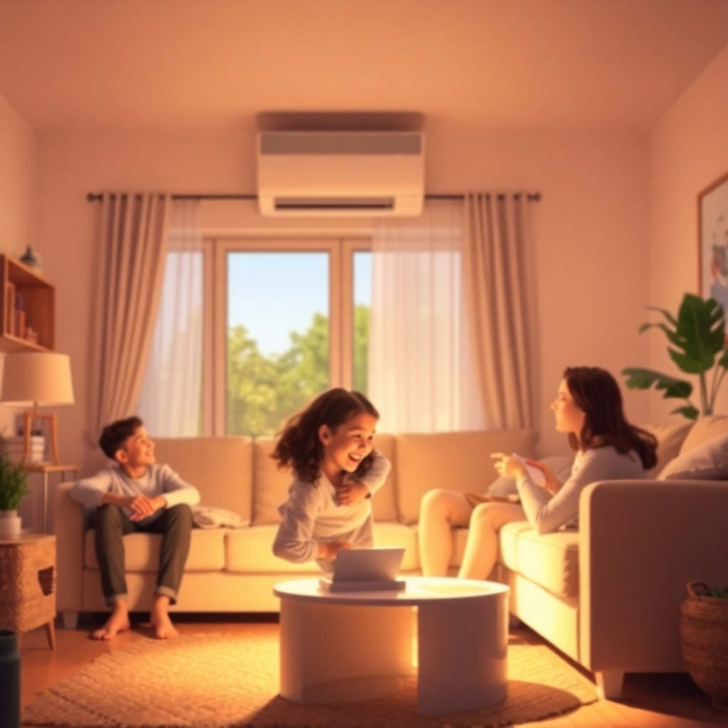 A stylized image showing a happy family in a comfortable living room, with a ductless AC unit subtly visible in the background. The scene is bathed in warm, inviting light. The image should convey a sense of affordability and comfort. Style: Warm, inviting, and family-friendly. Technical specs: High resolution, stylized rendering.