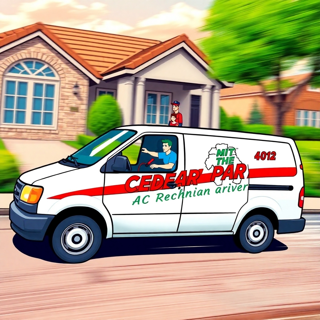A stylized image showing a technician arriving quickly to a house in Cedar Park, TX. The van has a Cedar Park TX AC Repair logo. The image has a comic book style, with motion lines and speed blur. Color palette: bright and eye-catching. Resolution: 4K.
