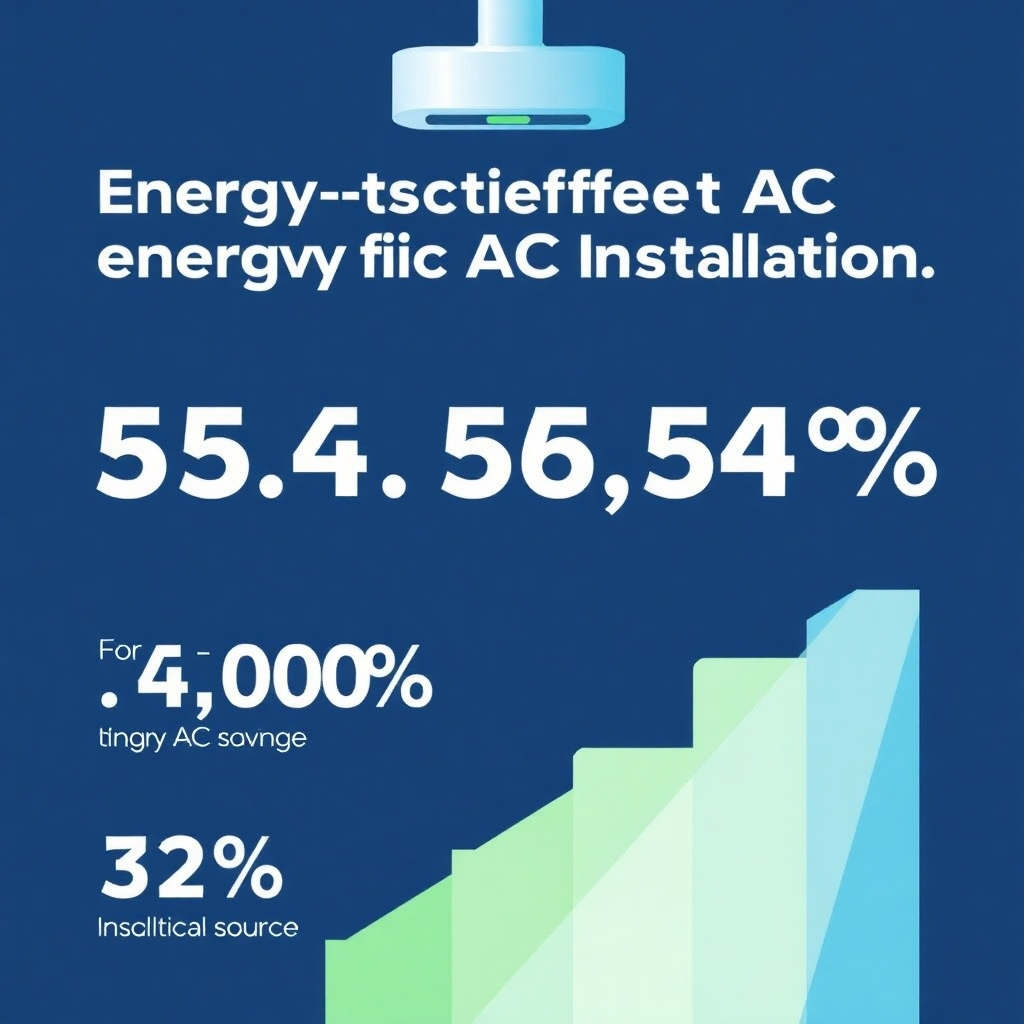 A stylized infographic displaying the energy savings resulting from energy-efficient AC installation. The color palette should consist of cool blues and greens, symbolizing efficiency and eco-friendliness. The lighting should be crisp and sharp. The camera angle should be an overhead view.