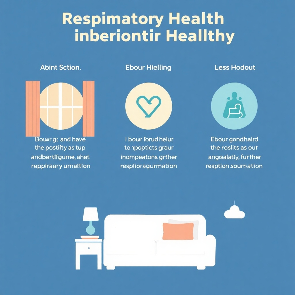 A stylized infographic illustrating the positive effects on respiratory health that result from improved indoor air quality. Use icons and a calm palette for clarity and appeal.