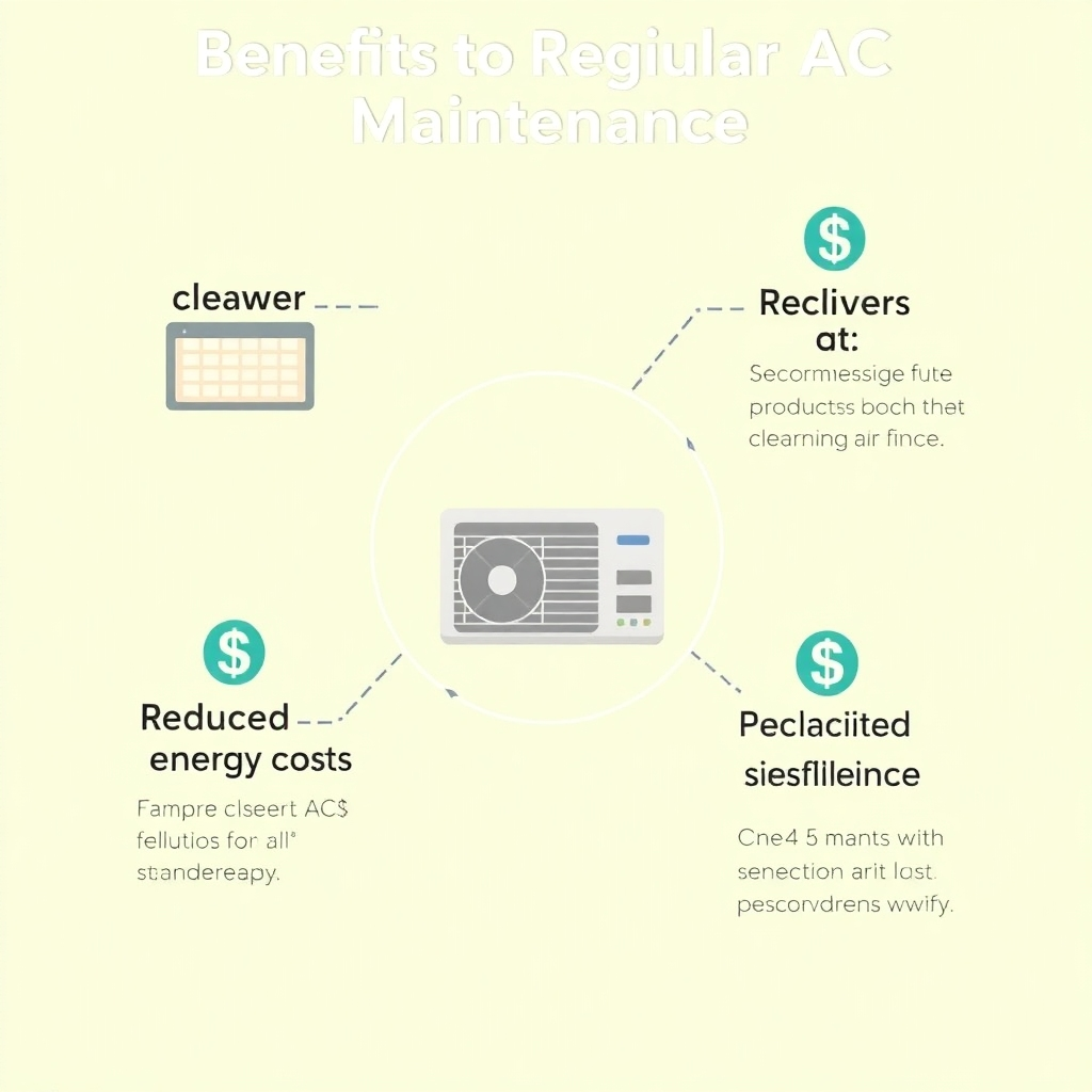 A stylized infographic illustrating the benefits of regular AC maintenance, showcasing cleaner air filters, reduced energy costs and prolonged lifespan of the system. Color scheme: calming and informative. Resolution: 4K.
