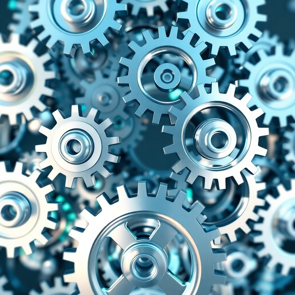 A stylized, interconnected network of gears and cogs, seamlessly meshing together to form a unified, smoothly running machine. The gears are made of transparent glass and metal, with subtle lighting highlighting their intricate details. The color palette is sleek and modern, with silvers, blues, and greens. Style Reference: Tech-inspired, mechanical precision. Technical Specs: 4K, high quality rendering.