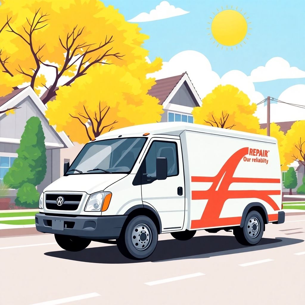 A stylized vector art image depicting a speedy repair truck driving through a vibrant and sunny Cedar Park neighborhood. The truck should be clean and modern, representing our reliability.  The style should be playful, yet professional and sleek.  The overall image must be very high quality and visually engaging. 4k resolution, emphasis on movement and dynamic visual design. 