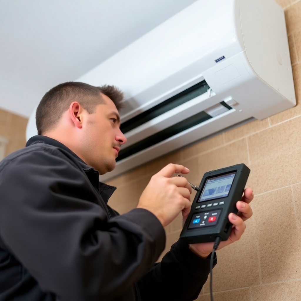 A technician diagnosing a ductless AC unit with diagnostic tools. Focus on professional and quick service.