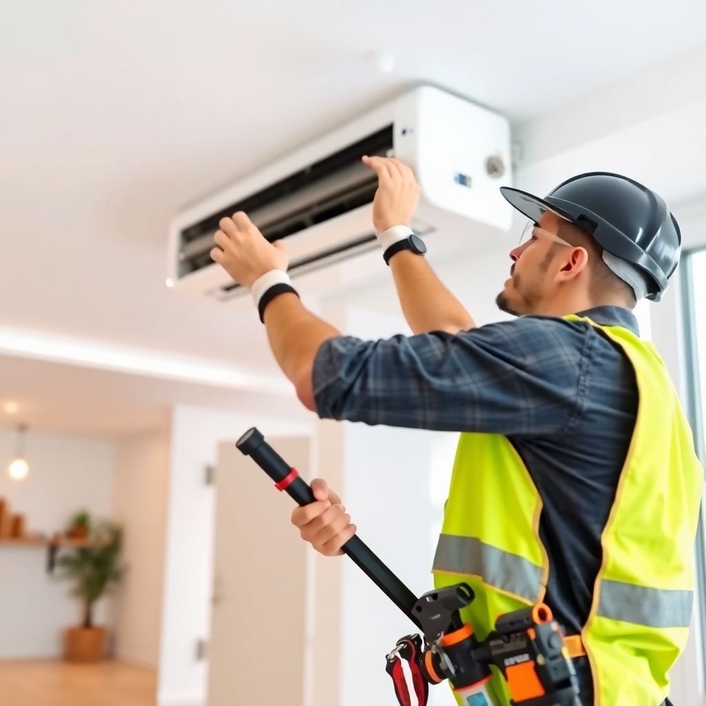 A technician installing a ductless AC unit in a modern home. The technician is wearing safety gear and using professional tools. The image should convey expertise and attention to detail. Style: Professional, clean, and modern. Technical specs: High resolution, realistic rendering.