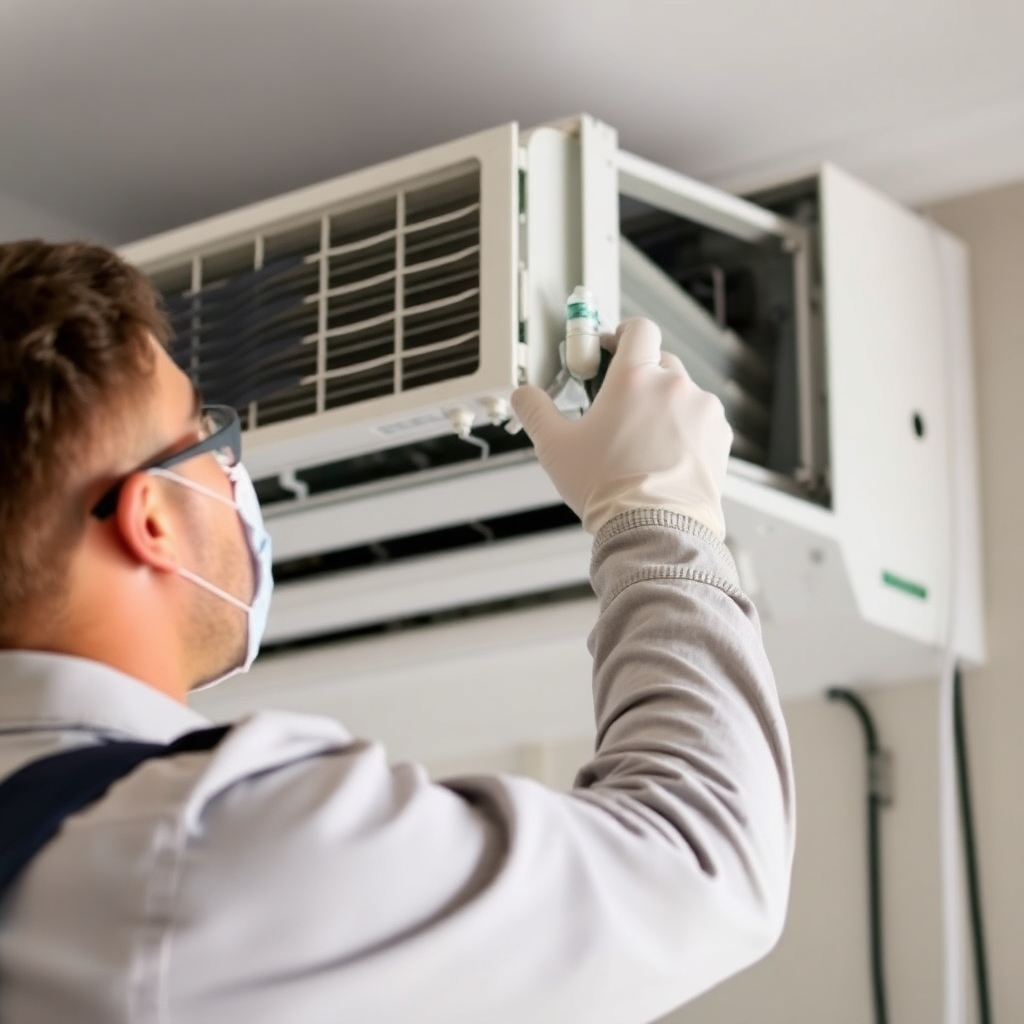 A technician performing routine maintenance on a ductless AC unit. Emphasis on cleanliness and prevention.