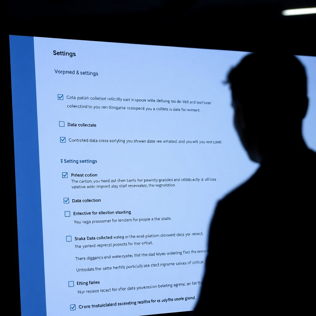 A user navigating a website settings page with clear checkboxes and toggles allowing them to control data collection and sharing, accompanied by a friendly, informative graphic explaining the impact of each setting choice.