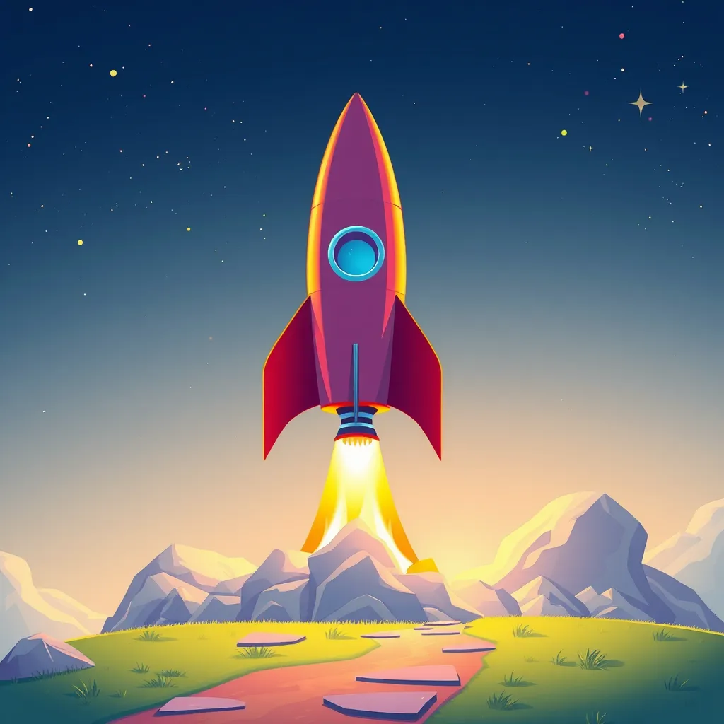 A vibrant, colorful illustration depicting a rocket ship taking off from a launchpad, representing the speed and efficiency of the website delivery process. The background should be a clear sky with stars, symbolizing the vast possibilities of the internet.