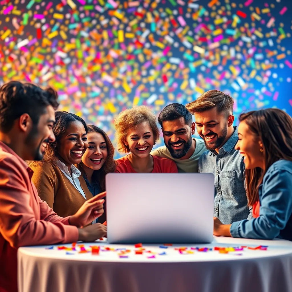 A vibrant, colorful image depicting a group of diverse people gathered around a laptop, excitedly discussing a website design. In the background, there should be a colorful confetti backdrop, representing the energy and excitement of a launch or event. The website design should be displayed on the laptop screen, showcasing a bold and engaging layout.