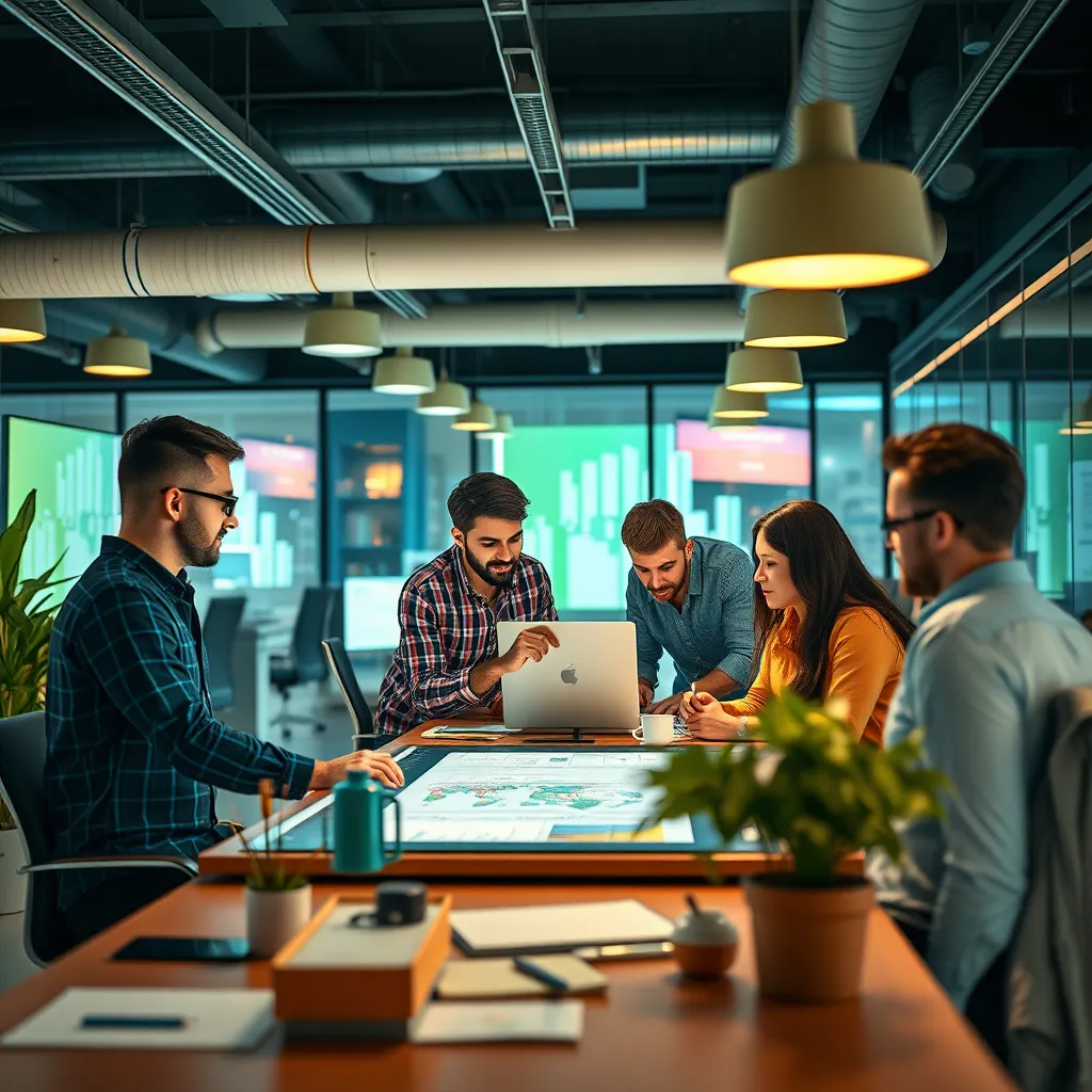A vibrant, modern office with a team of designers collaborating on a digital design project, showcasing their creativity and use of high-quality imagery and graphics. The scene should exude a sense of energy and innovation.