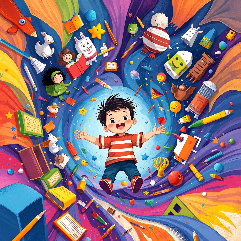 A vibrant and dynamic illustration showing a child surrounded by a swirling vortex of storybook characters, colors, and art supplies. The illustration represents the limitless possibilities of imagination and creativity. Bold, expressive colors are used to create a sense of energy and excitement.