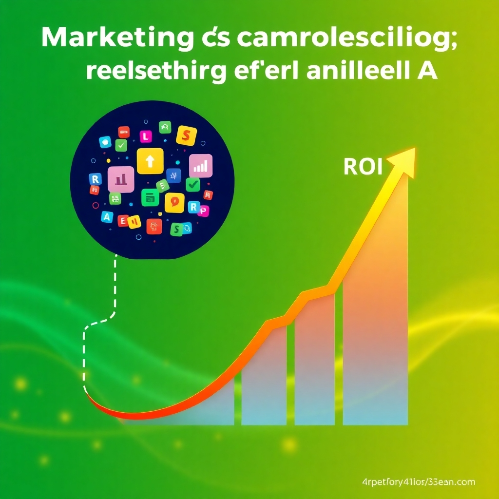 A visual representation of marketing campaign data flowing into an AI system, resulting in a significant increase in ROI. The data is represented by colorful icons, and the ROI is depicted as a rising graph. The background is a gradient of green and gold, symbolizing growth and profitability. Style: impactful, data-driven, and results-oriented. Technical specs: 4K resolution, dynamic visuals.