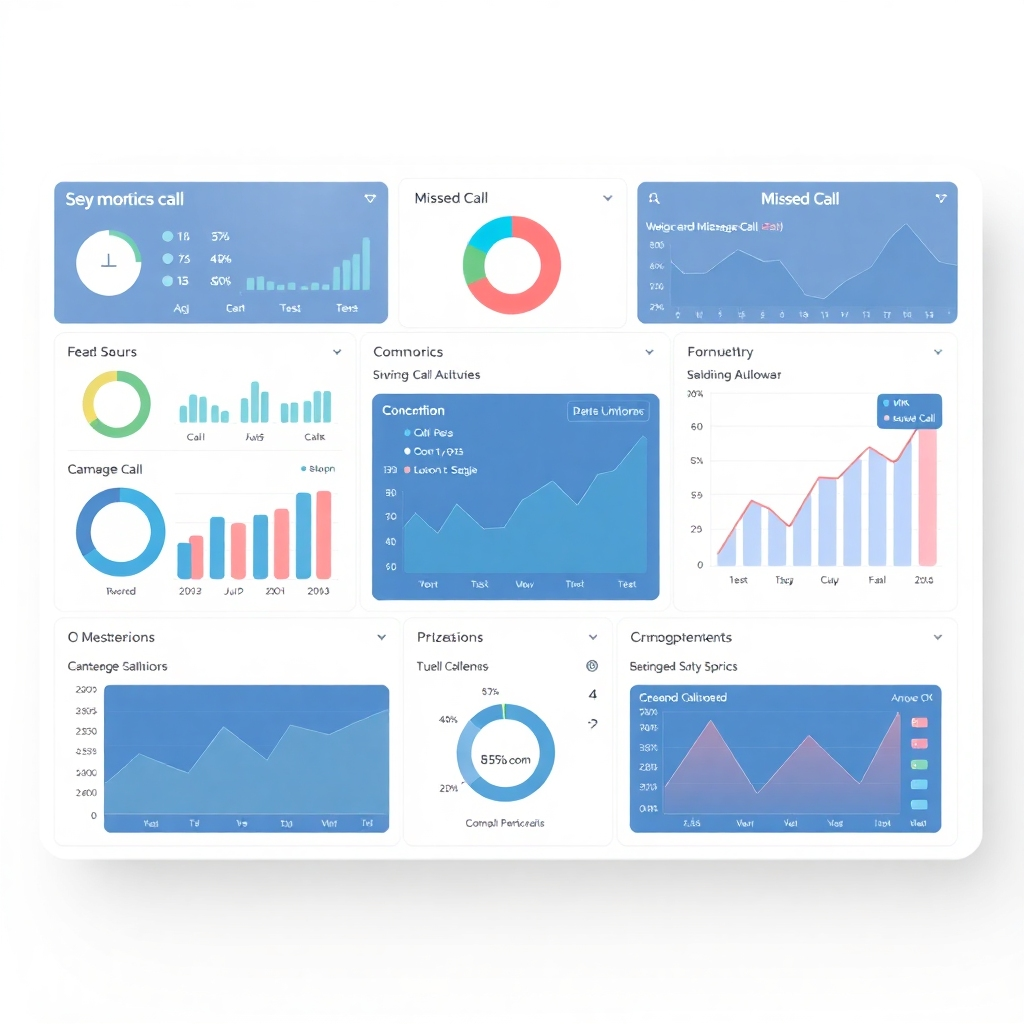 A visually appealing dashboard displaying key metrics and insights derived from missed call data. The dashboard includes charts, graphs, and visualizations that highlight trends and patterns. The background is clean and minimalist, focusing attention on the data. Style: informative, analytical, and actionable. Technical specs: 4K resolution, high clarity.