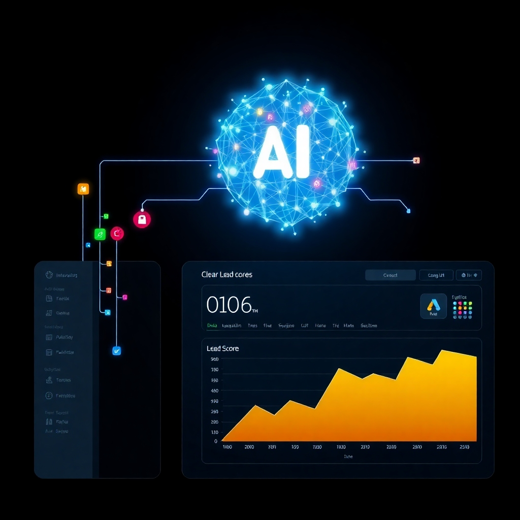 A visually compelling representation of data points flowing into an AI algorithm, resulting in a clear lead score displayed on a dashboard. The data points are represented by colorful icons, and the AI algorithm is depicted as a glowing neural network. The dashboard is clean and intuitive, with key metrics highlighted. The background is dark, making the data and the AI algorithm stand out. Style: Modern, technological, and informative. Technical specs: 4K resolution, dynamic lighting.