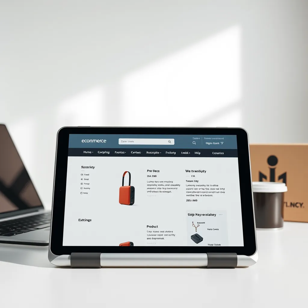 A visually stunning image of an e-commerce website on a tablet screen, showcasing a product with high-quality photography and detailed descriptions. The background features a minimalist, modern workspace with a laptop, coffee cup, and a shipping box with the company logo. The lighting is bright and natural, emphasizing the product and website design. The colors are clean and contemporary, reflecting the online store's brand. The image exudes professionalism, efficiency, and a focus on user experience. Style reference: Minimalist product photography, focusing on clean lines and simplicity. Resolution: 8K, hyperrealistic.