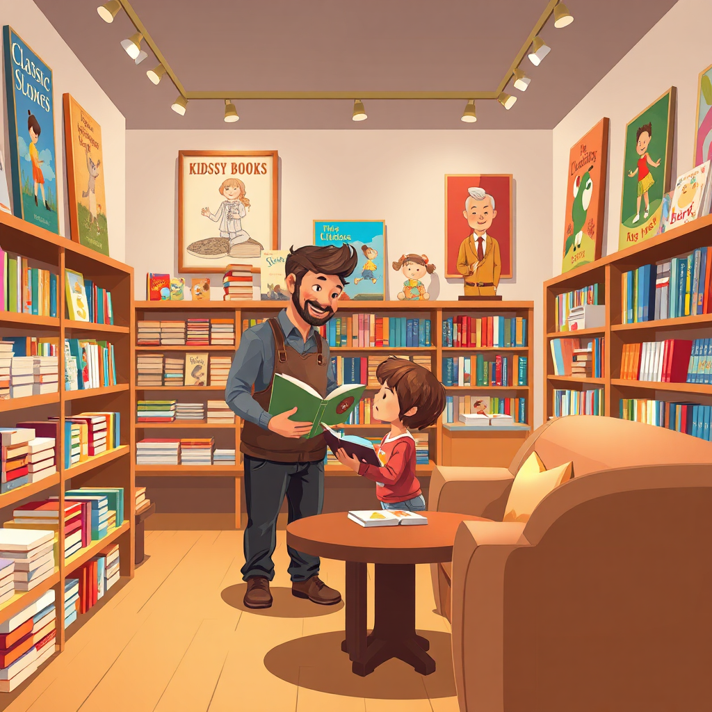 A warm and inviting image showcasing the essence of Kids Storybooks Dallas TX. The scene features a friendly bookseller interacting with a child, recommending a storybook. The bookstore is brightly lit and filled with colorful shelves stacked with books. Subtle details should include posters of classic children's stories and comfortable seating areas. The composition should be balanced and welcoming. Style: Clean, modern illustration with a touch of whimsy. Render in 4K resolution, high quality.
