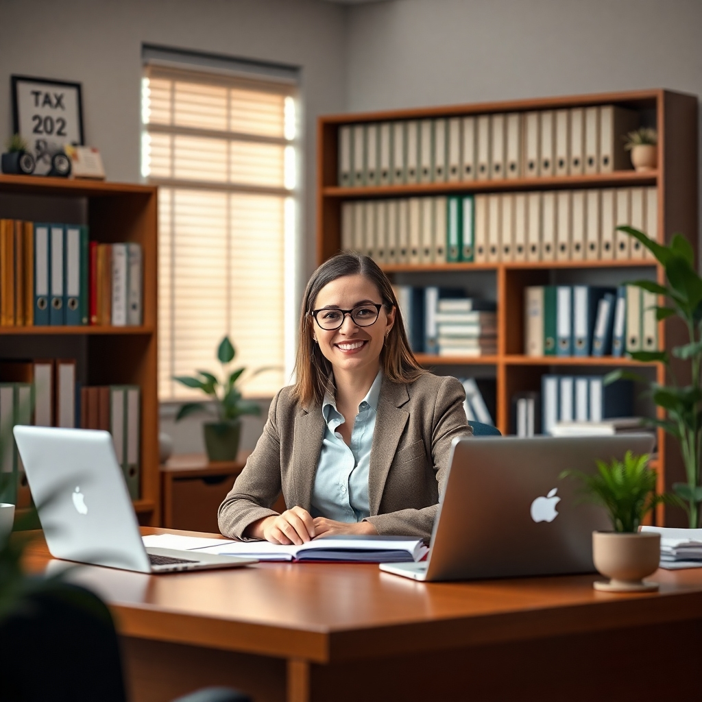 A warm and inviting office setting with soft, natural lighting. A friendly tax professional, dressed in a professional yet approachable outfit, is sitting at a desk with a laptop and paperwork. Behind them, a bookshelf is filled with organized tax-related books and folders. On the desk, a potted plant adds a touch of life and a calming atmosphere. The image is in a photorealistic style, with a focus on detail and texture, capturing the warmth and expertise of the office. The color palette is warm and inviting, featuring muted tones of green, brown, and beige. The camera angle is slightly elevated, providing a view of the office from the perspective of a client entering the room. Render this image in 8K resolution with hyperrealistic details and a natural, soft focus.