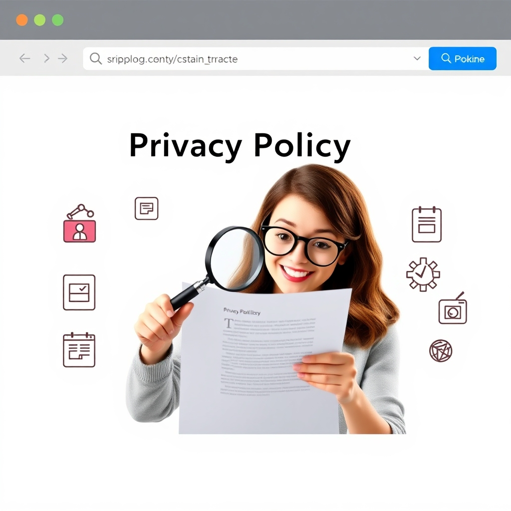 A website homepage with a prominent 'Privacy Policy' link, featuring a user reading the policy with a magnifying glass and a cheerful expression, surrounded by icons depicting data collection, use, and sharing, all against a bright, clean background.