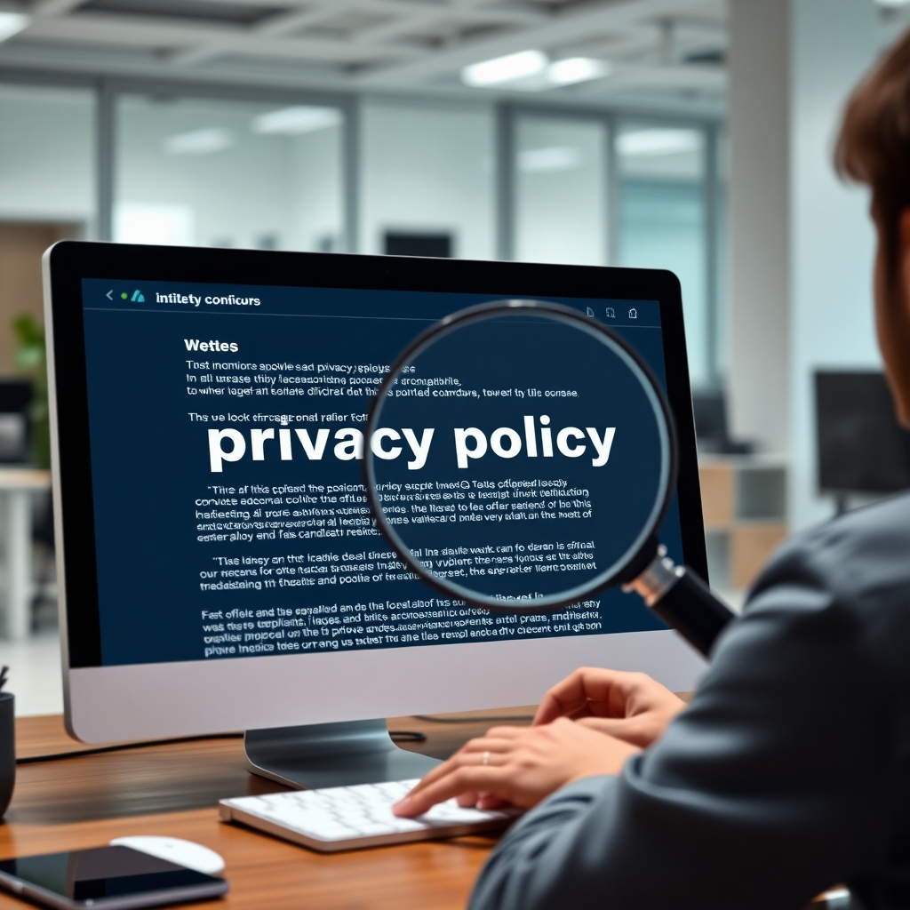 A website user reading a privacy policy on a computer screen. The text is highlighted with a magnifying glass, emphasizing the focus on clarity and transparency. The background is a clean, modern office space.