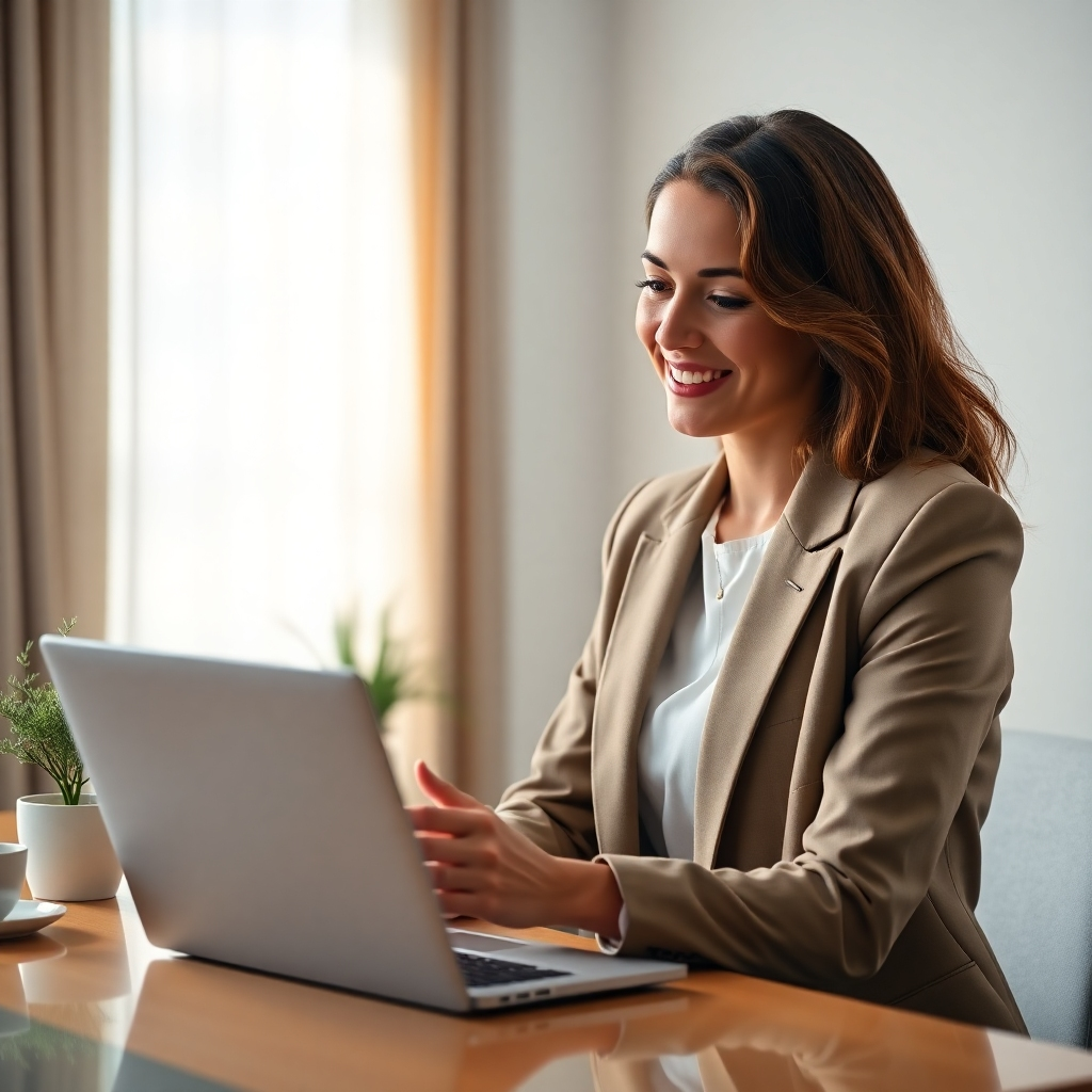A well-dressed woman, 30s, with a warm, professional smile, is sitting at a desk reviewing a document on a laptop.  Natural lighting is coming in from a window behind her, creating a soft, diffused glow.  She is wearing a stylish suit, and the desk is clean and organized with a potted plant and a cup of coffee. The laptop screen displays a privacy policy document with a close-up view of the text, highlighting terms like "confidentiality", "data security", and "transparency". The overall image should be professional and inviting, with a color palette of light blue, white, and warm brown, reflecting trust and competence.
