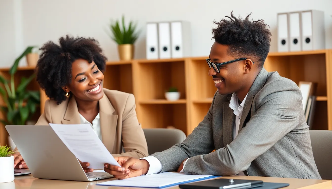 A photorealistic image of a confident, smiling CPA in a modern office setting, reviewing financial documents.  The background should be a clean, well-lit office with subtle branding of a reputable accounting firm. The CPA should be wearing professional attire, and the documents should be clearly visible but not overly detailed. The overall feel should be one of trust and expertise.
