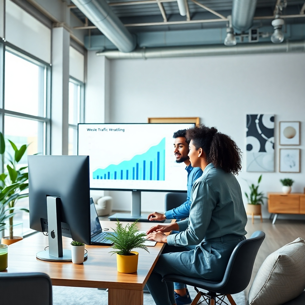 An 8K photorealistic image depicting a team of three diverse professionals working collaboratively on a project in a modern, open-plan office.  The space is bright, with large windows providing soft, natural light.  On a large screen is a detailed data visualization graph showcasing website traffic growth.  The color palette is clean, modern, and optimistic, with pops of blue and green against a neutral background.  The camera angle is slightly elevated, capturing the team's engaged and collaborative energy.  The image's focus should be on teamwork, professionalism, and positive growth.  Environmental elements include plants, modern artwork, and stylish office furniture.  Textures include smooth glass surfaces of monitors, rough textures of wood, and soft fabrics of the team's clothing. Style reference: Steve McCurry.  The image must portray a hyperrealistic, ultra-detailed scene, with a focus on showcasing the energy and expertise of the team and their positive impact on website traffic.