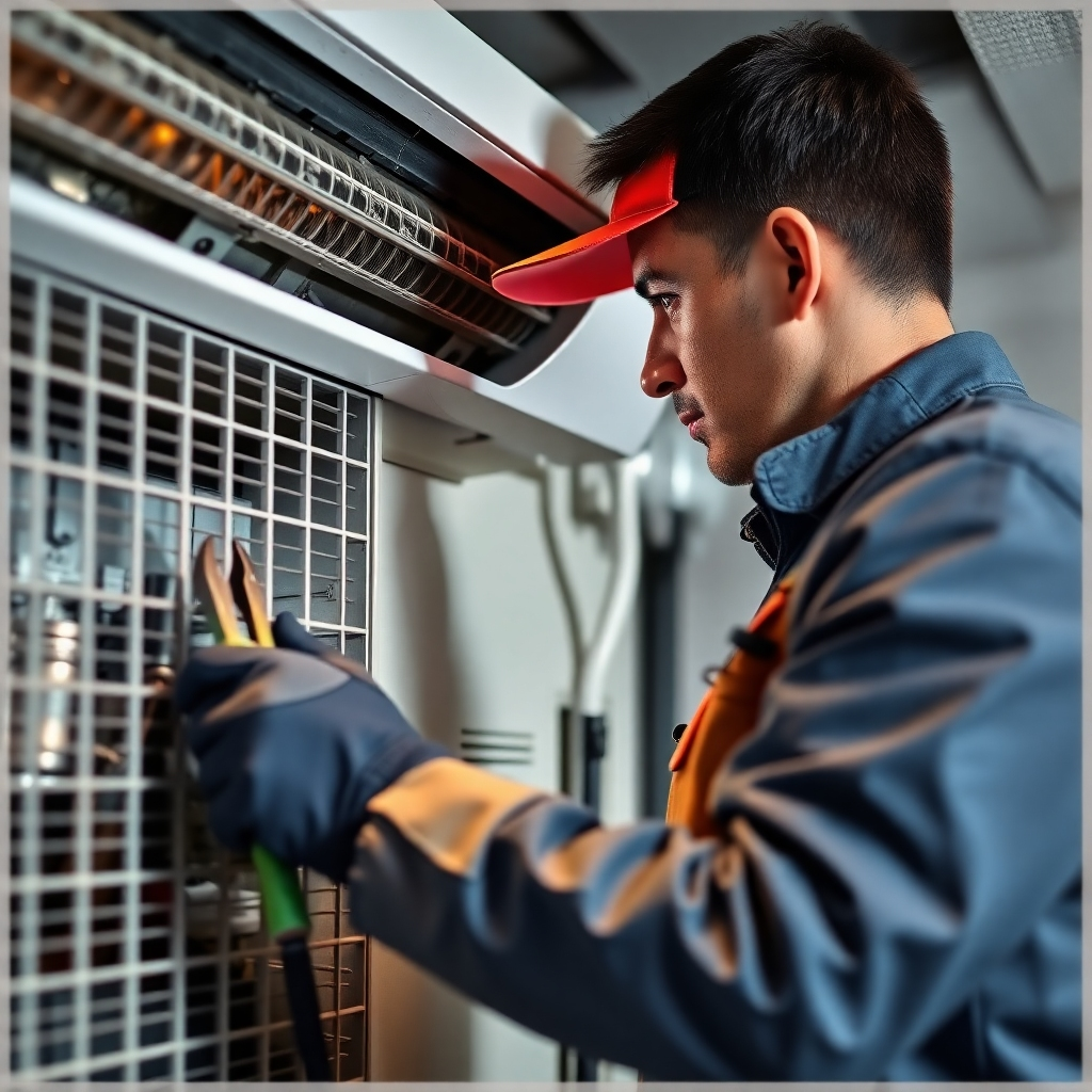 An image (4k) of a technician performing routine maintenance on an air conditioning system. Use clear lighting to depict the precision and detail of the maintenance. The image should feel clean, organized, and professional, showing the technician using the correct tools.