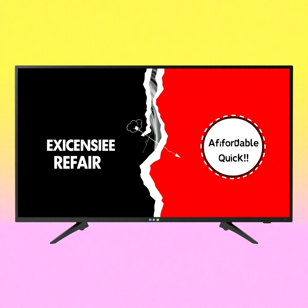 An image featuring a split screen showing one side representing expensive repair, with an over-the-top depiction of high costs and frustration, juxtaposed with the other side, where our services are shown as affordable, quick, and stress-free.  Technical specs: 4K resolution, high quality.