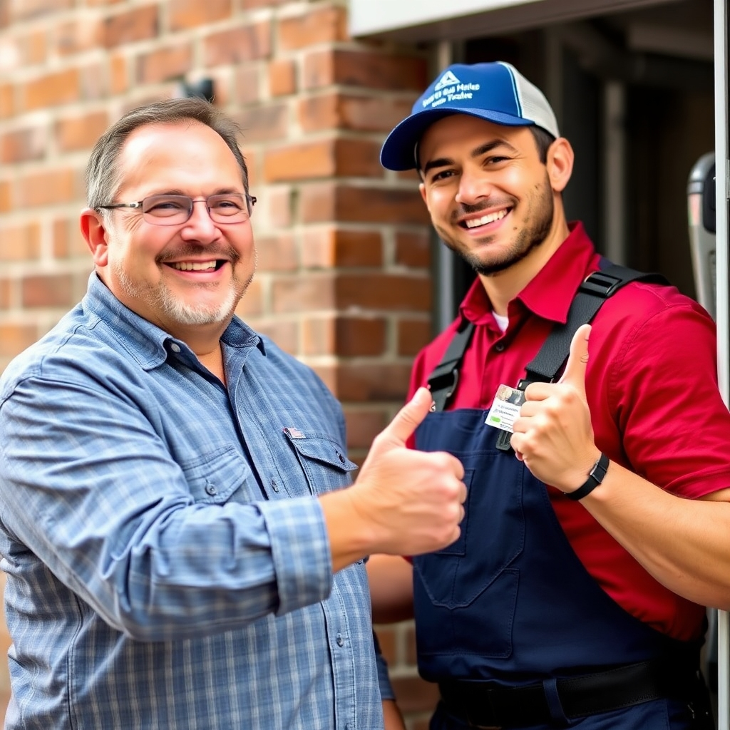An image showcasing a happy customer interacting positively with a Cedar Park TX AC Repair technician, highlighting a positive service experience.