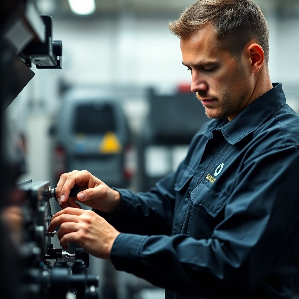 An image showcasing a technician in uniform, demonstrating professionalism and attention to detail during the repair process. The style should resemble a high-quality product shot, emphasizing quality and professionalism.