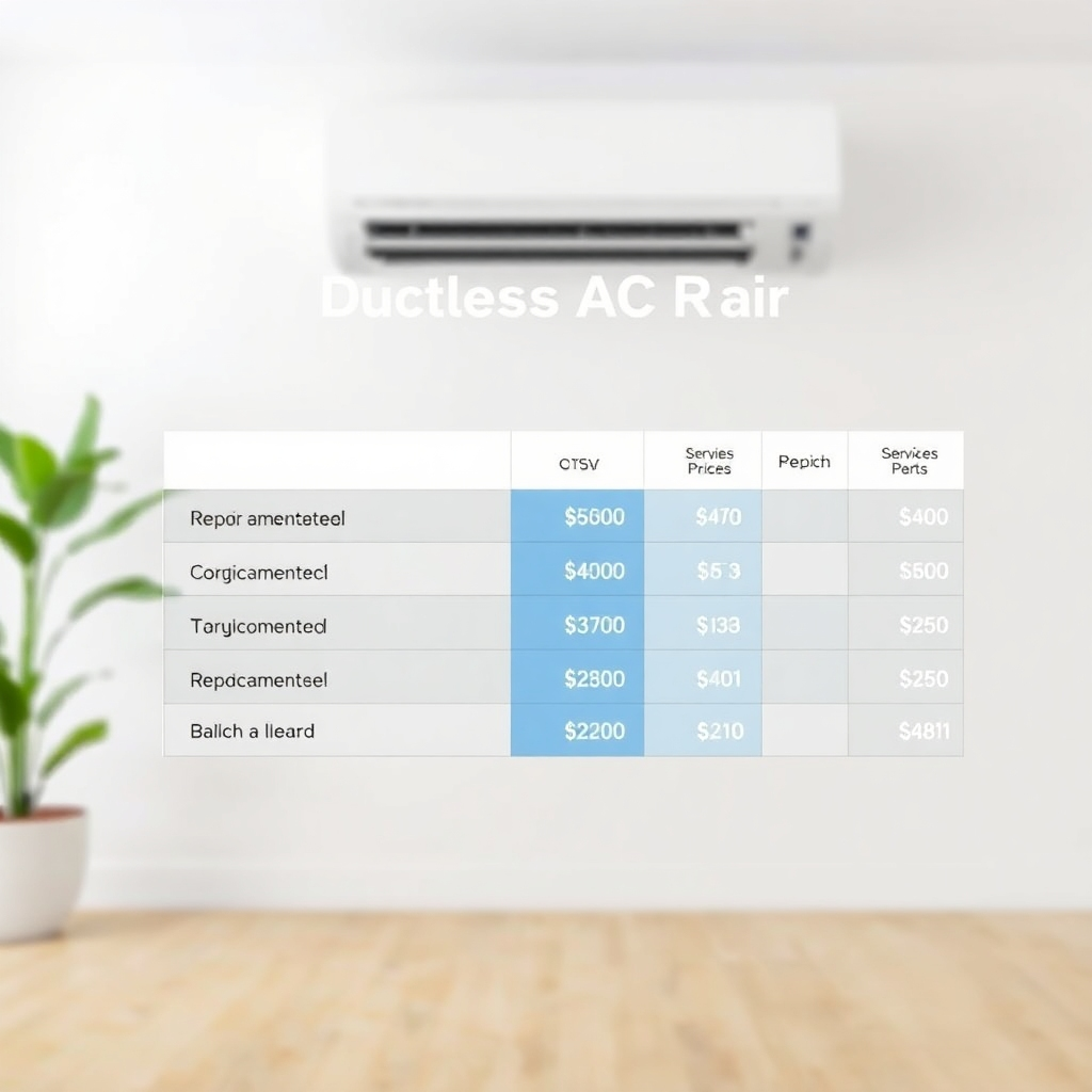 An image with a clear pricing chart displaying the costs for different ductless AC repair services. The chart is easy to read and understand. The background is a clean, professional setting. Style: Clean, transparent, and professional. Technical specs: High resolution, realistic rendering.