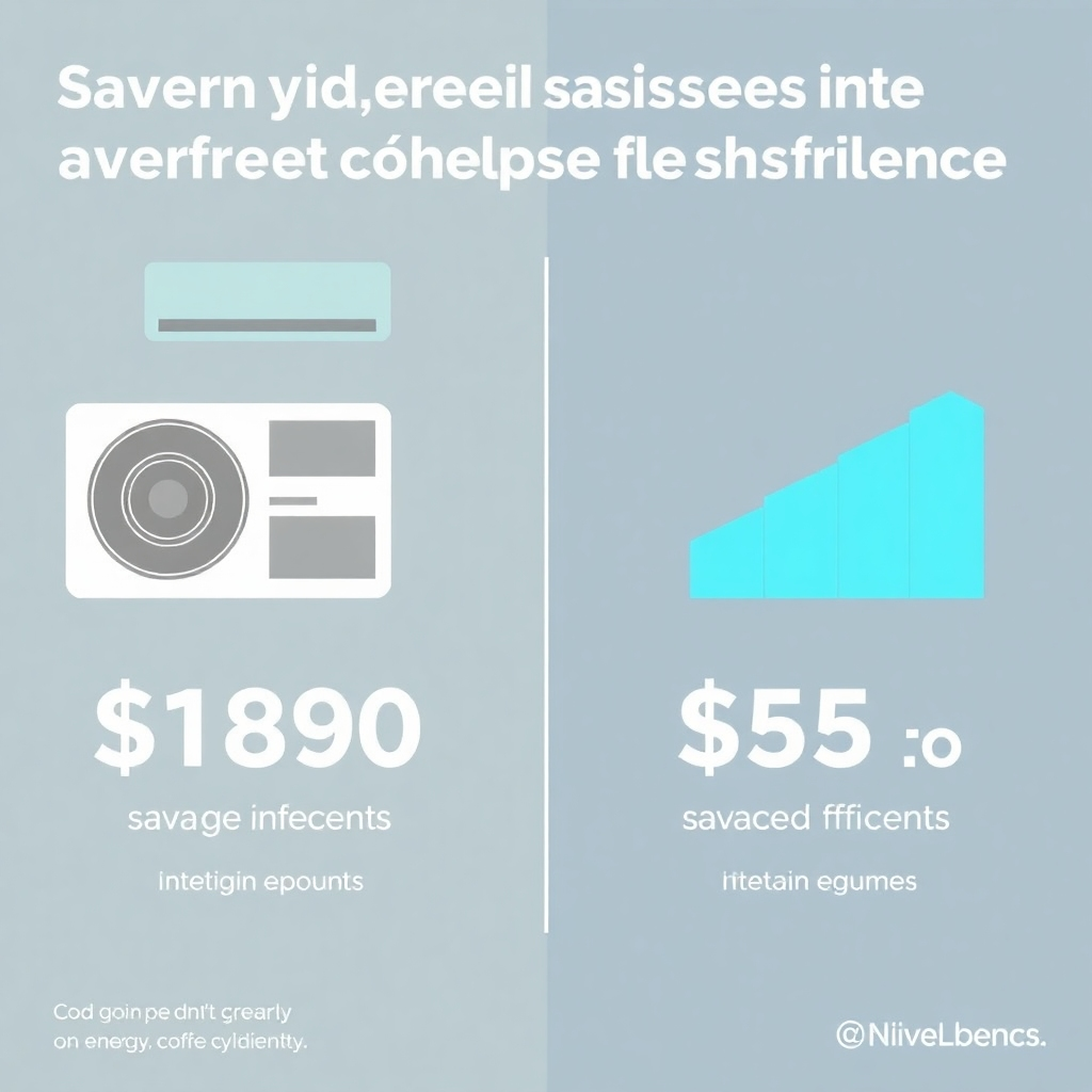 An infographic-style image that clearly demonstrates the monetary savings achieved by investing in energy-efficient AC systems versus less efficient options. The color palette should feature greens and blues to represent savings and efficiency. The lighting should be clean and crisp.