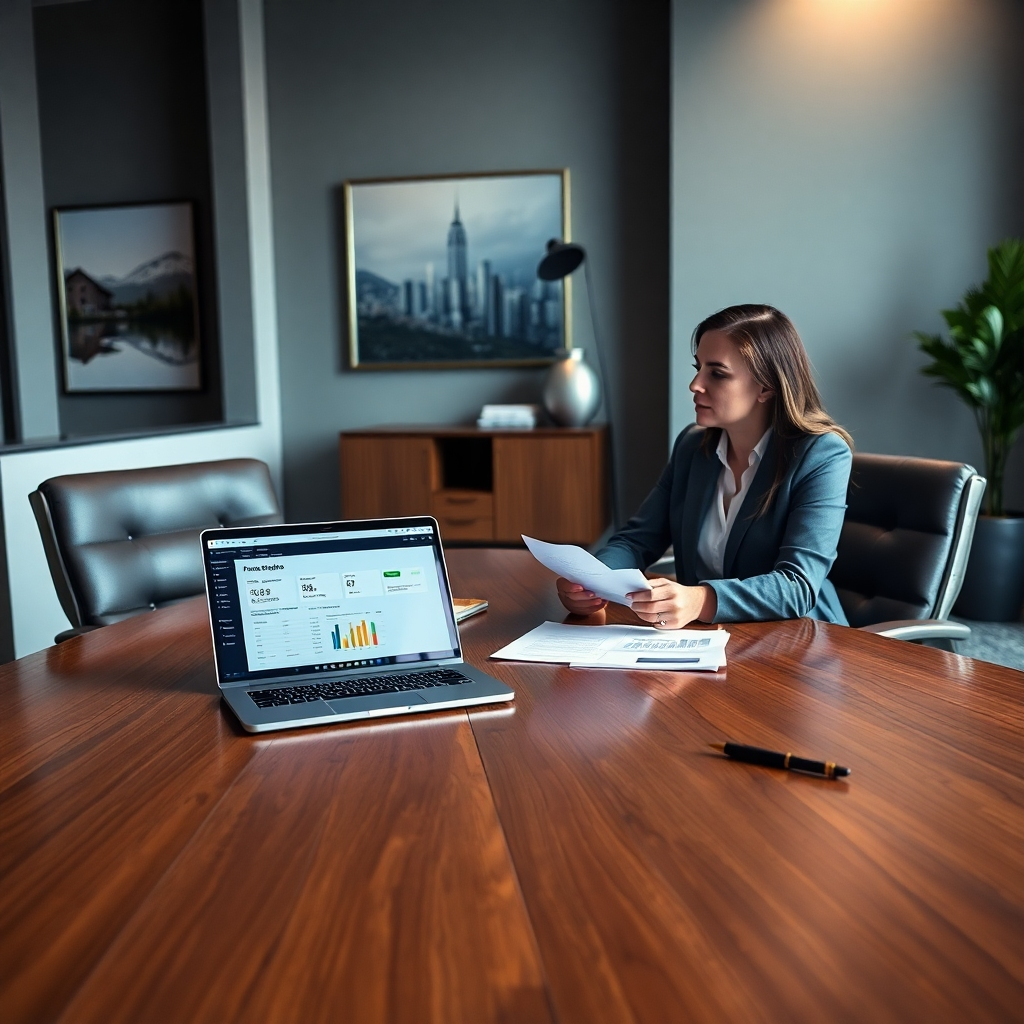 An ultra-detailed (8K resolution), hyperrealistic image of a modern office in The Woodlands, TX, showcasing a consultation between Stephanie and a small business owner.  The lighting is soft and diffused, creating a calm and professional atmosphere. The color palette consists of muted blues and grays, accented with warm wood tones.  The camera angle is slightly elevated, offering a view of the office and the two individuals seated at a large, sleek wooden conference table. Textures are clearly defined, including the smooth surface of the table, the soft leather of the chairs, and the crisp detail of financial documents.   The background features modern artwork and subtle architectural elements representative of The Woodlands.  Props should include several financial reports, a laptop showing business analytics software, a stylish pen and notepad. The style should be inspired by commercial photography featuring professionalism and success, possibly similar to images by Michael Kors. The scene should communicate trust and expertise while suggesting technological proficiency and financial success. The overall mood should convey assurance, trustworthiness, and competence.  Details such as the slight reflection on the laptop screen and the textured fabric of the chairs add depth and realism.