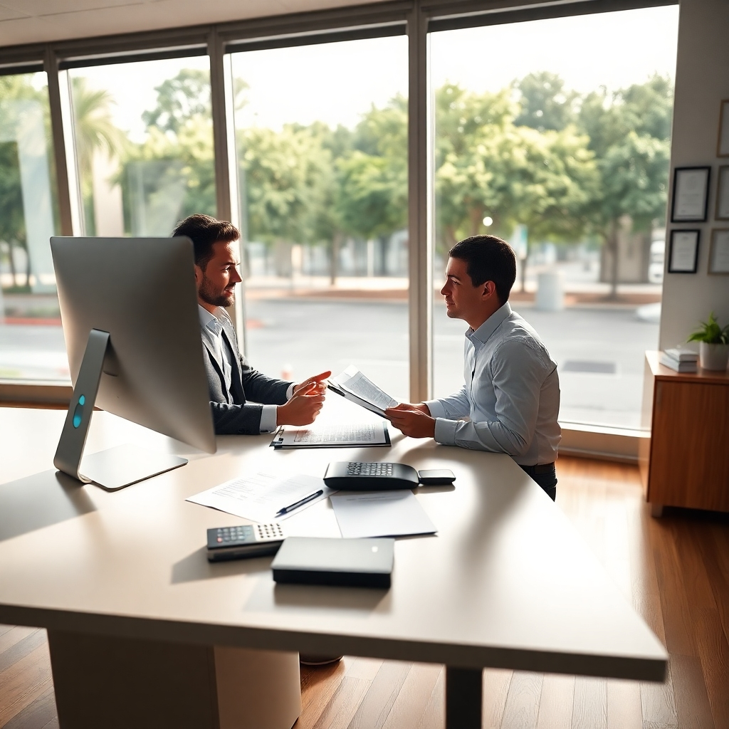 An ultra-detailed, hyperrealistic image rendered in 8K resolution. The scene depicts a bright, modern office space in The Woodlands, TX with large windows offering a view of a tree-lined street. A successful small business owner, dressed professionally, sits at a sleek, minimalist desk reviewing financial documents with a tax consultant.  Dramatic side lighting enhances the professionalism and creates a sense of focus. The color palette is clean and sophisticated, using muted grays, charcoal, and pops of vibrant teal.  The desk features an iMac, meticulously arranged paperwork, a branded pen set, and a stylishly designed calculator.  The textures of the scene are hyperrealistic, emphasizing the smooth lines of the desk, the subtle grain of the wooden floors, and the crisp texture of the paper documents. The overall mood is one of competence and efficiency, reflecting the expertise of the service.  The style should evoke the minimalist aesthetic of a high-end commercial photoshoot. The background should include subtle elements referencing the success of the small business, like awards and certificates hanging on the wall. A soft focus blur enhances the main subject, the small business owner and the consultant.