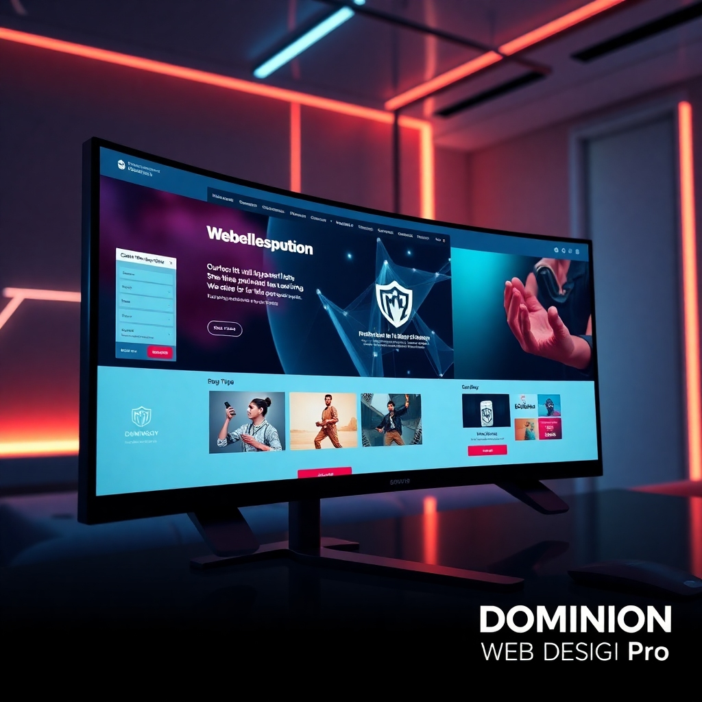 An ultra-high-resolution (8K), hyperrealistic image showcasing a bespoke website interface on a large curved monitor. Dramatic side lighting accentuates the website's modern design and interactive elements, creating a sense of dynamism. The color palette is rich and vibrant, reflecting creativity and innovation. The camera angle is a close-up shot, emphasizing the website's intricate details and sophisticated animations. The background is a futuristic, minimalist office setting with glowing lines and subtle geometric patterns on the walls. On the screen, various sections of the website are highlighted, showcasing its unique functionalities and user-friendly interface.  These could include a contact form, image gallery, and blog section. The textures are highly detailed—smooth glass screen, metal casing of the computer, and soft materials of the surrounding environment. The overall style should evoke a sense of luxury and cutting-edge technology.  The mood is energetic and modern, reflecting the innovative nature of bespoke website development. Style the image in the style of a high-end technology advertisement, similar to those seen in Wired magazine. The image should be meticulously detailed, showcasing every element with precision. Include a subtle branded watermark in the bottom right corner of the monitor that reads 'Dominion Web Design Pro'.