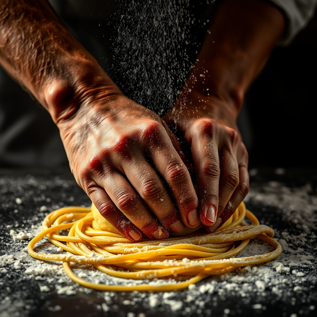 Chef hands kneading fresh pasta dough with flour dust in the air