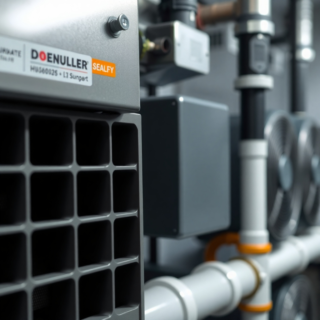 Close-up of high-quality HVAC parts with branding subtly visible, clean, professional lighting.