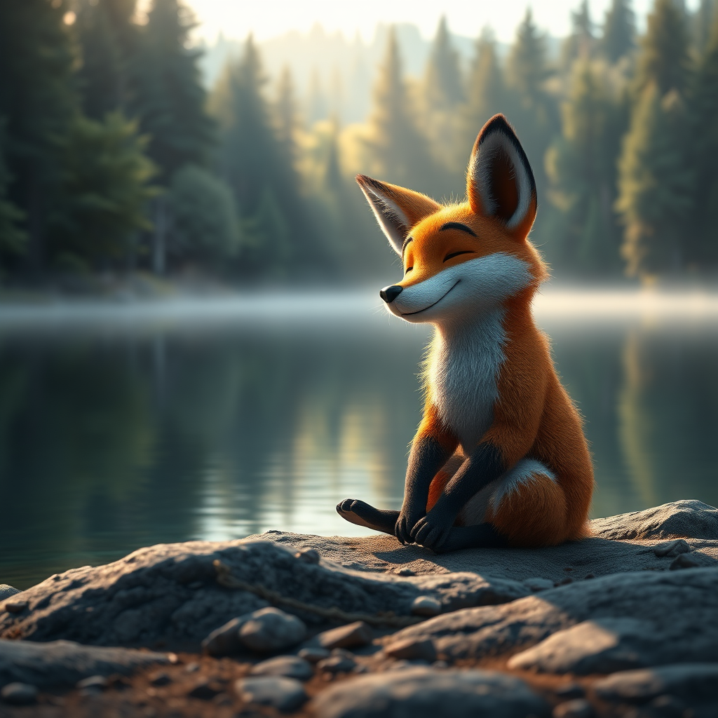 Create a calming, photorealistic image of Freddie the Fox sitting peacefully by a serene lake. He is taking deep breaths and looking content. The lighting is soft and diffused, creating a sense of tranquility. The background features a lush forest with gentle sunlight filtering through the trees. The image should evoke feelings of calmness, peace, and self-control.