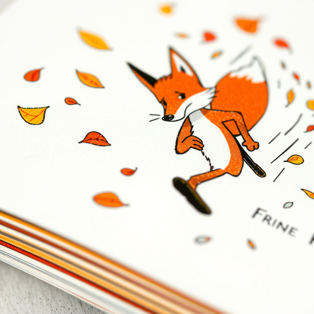 Create a close-up, stylized illustration showcasing a vibrant page from the Freddie the Fox book. Focus on the textures of the paper, the richness of the colors, and the intricate details of the illustration. The scene should depict Freddie in mid-run, with a flurry of leaves and wind swirling around him. The art style should be reminiscent of classic children's book illustrations, with clean lines and bold colors.