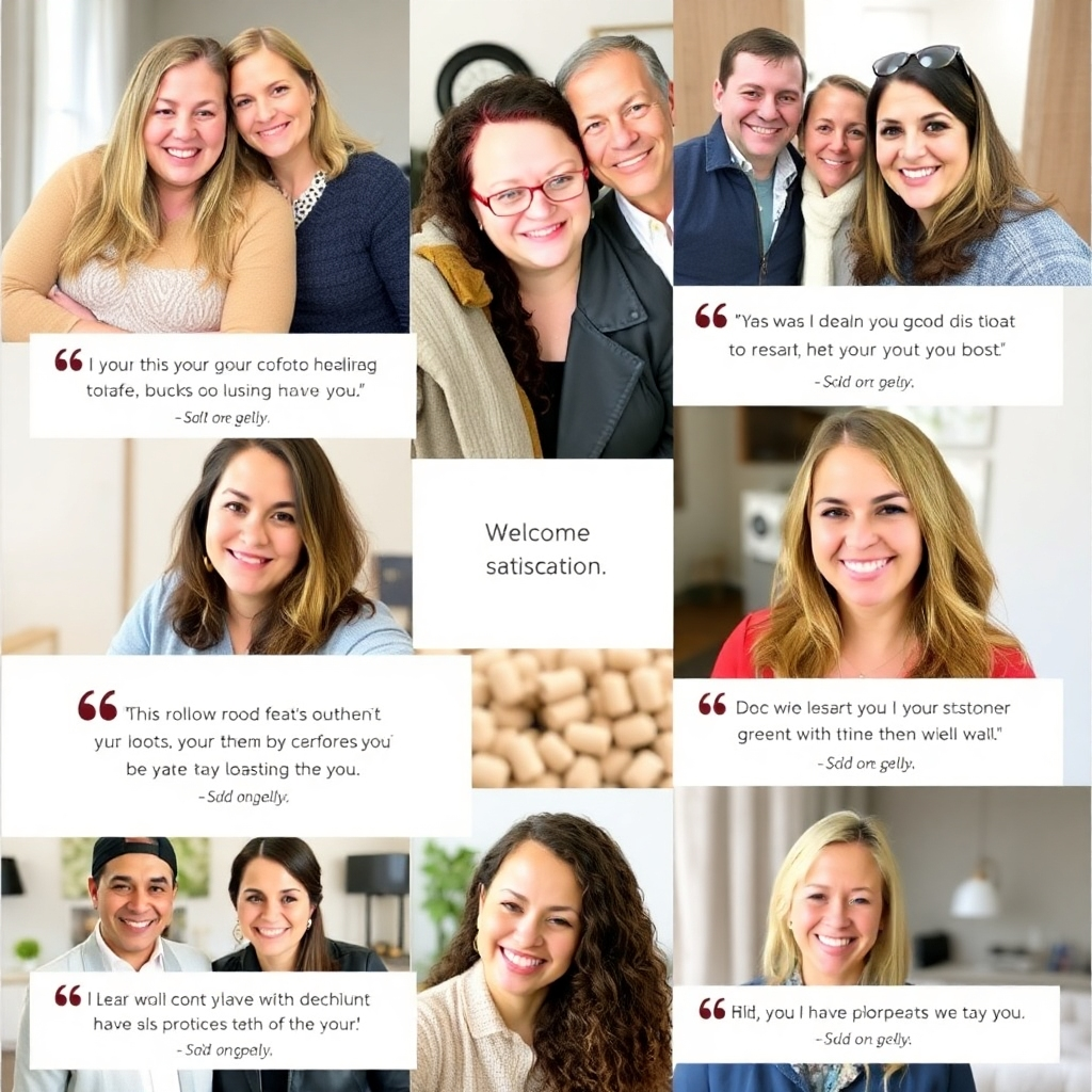 Create a collage of high-quality images from satisfied customers with short quotes expressing their satisfaction. The collage should reflect a welcoming and reassuring atmosphere.