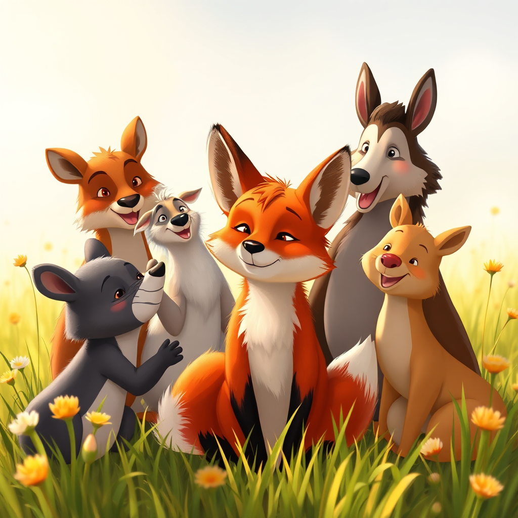 Create a heartwarming, photorealistic image of Freddie the Fox surrounded by a group of diverse animal friends. They are gathered in a sunny meadow, all smiling and engaged in a playful activity. Freddie's expression should be friendly and slightly sheepish, indicating he's learned a valuable lesson about controlling his speed. The lighting is soft and golden, creating a sense of warmth and camaraderie. The style references classic children's book illustrations.