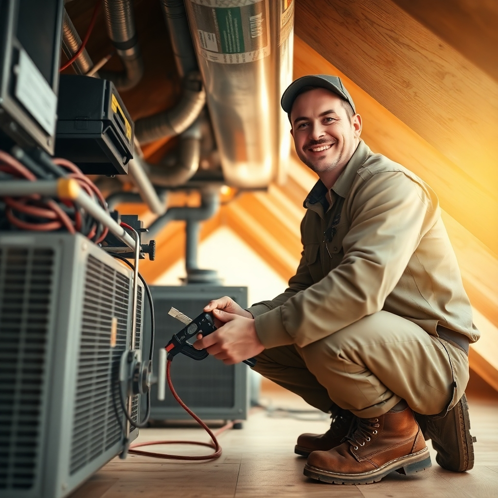 Create a photorealistic 4K image of a friendly, uniformed HVAC technician working diligently on a residential air conditioning unit, possibly inside an attic.  The image should convey a sense of expertise and professionalism, while emphasizing a warm and approachable attitude.  The lighting conditions should be bright and clear, while maintaining a realistic atmosphere. The color palette should feature natural and calming colors, suggesting professionalism and competence. The camera angle should be slightly elevated, focusing on the technician’s hands expertly handling tools, but still capturing a friendly smile.  Texture details should be accurate, from the slightly worn work boots to the intricate parts of the air conditioning unit, maintaining a balance between professional and personable aspects. The scene is set against the backdrop of a well-maintained residential attic space, free from clutter and with appropriate safety measures in place. The style should be photojournalistic with a slightly warm color grading. The overall impression should be competence, trustworthiness, and customer focus.