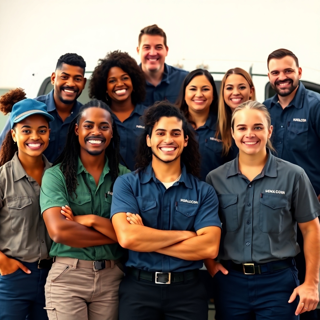 Create a photorealistic 4K image for the 'About Us' section of a website for Cedar Park TX AC Repair. The image should feature a friendly, diverse team of HVAC technicians working together collaboratively, smiling, wearing uniforms and possibly with a clean background of a modern office or truck. The composition should emphasize teamwork and professionalism. The lighting should be well-lit and bright, creating a welcoming atmosphere. The color palette should be warm and inviting, using shades of blue, green and beige, and avoiding overly saturated colors. The camera angle should be a medium shot, capturing the entire team. The textures should be sharp and clear, emphasizing the team's professionalism. The image should convey a sense of trust, reliability, and approachability.  The style should be similar to corporate team photos, clean and professional.  The background should be clean to focus on the team.