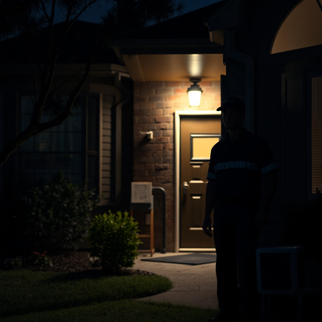 Create a photorealistic image depicting an emergency AC repair technician arriving at a Cedar Park home at night. Focus on the urgency and relief offered by the prompt arrival of the technician, captured in a dark but well-lit scene, emphasizing the professionalism and efficiency.